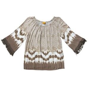 Ruby Rd. Large L Women's Paisley Tie-Dye Off Shoulder Bell Sleeve Blouse Fringe